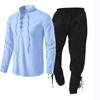 2Pcs Men's Medieval Knight Costume Set Renaissance Cosplay Pirate Shirts Ankle Banded Pants for Halloween Cotton Linen Fabric