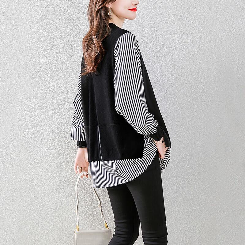 Damen Oversized Strick-Patchwork Fake-Zweiteiler Oberteil