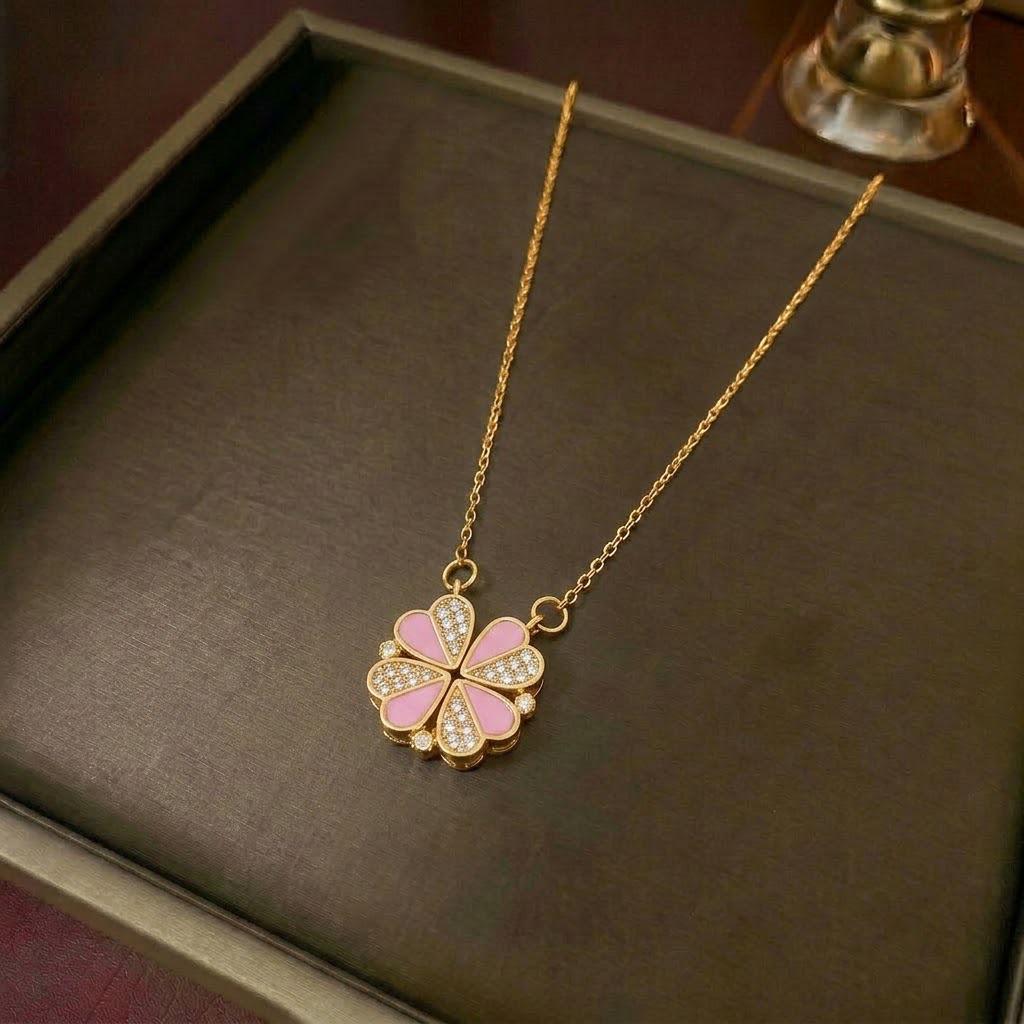 Women's Heart-Shaped Necklace with Four-Petal Flower, Cubic Zirconia, Titanium Steel Clavicle Chain - Elegant and Versatile Accessory