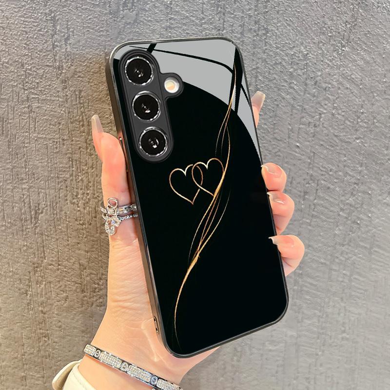 Goldenes herzförmiges Muster Glas Handyhülle geeignet für Samsung Galaxy S26 S25 S24 S23 S22 S20 FE Ultra Plus5G Anti-Drop