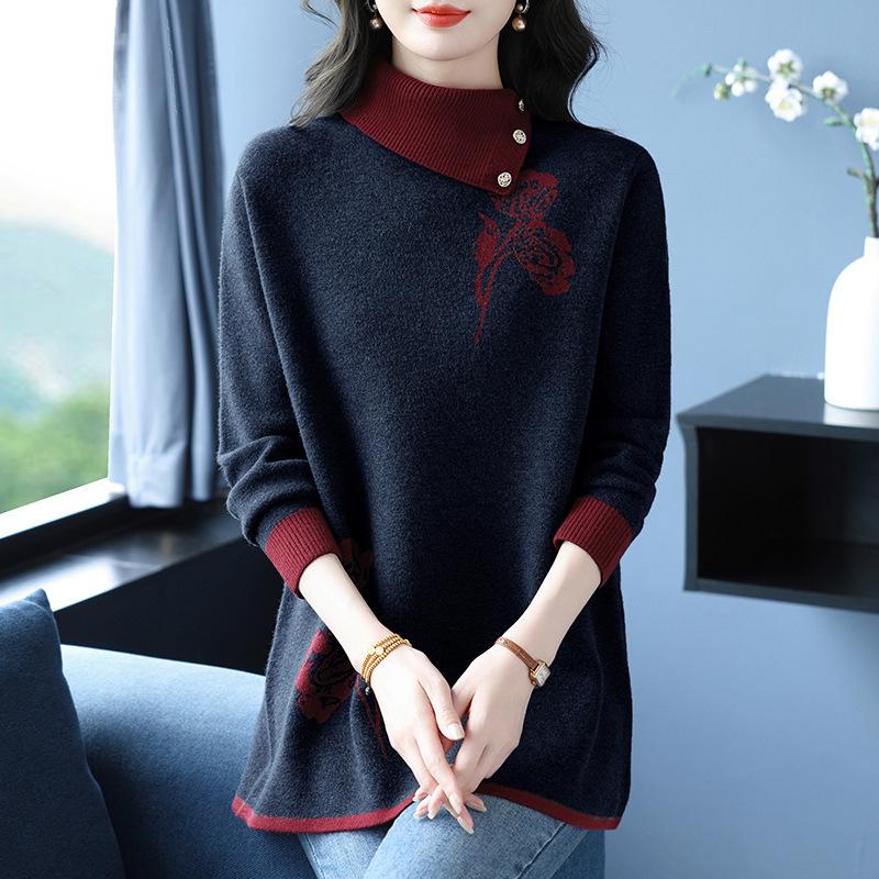 Stylish Color Block Knit Sweater: Plus Size Half-High Collar Top for Women