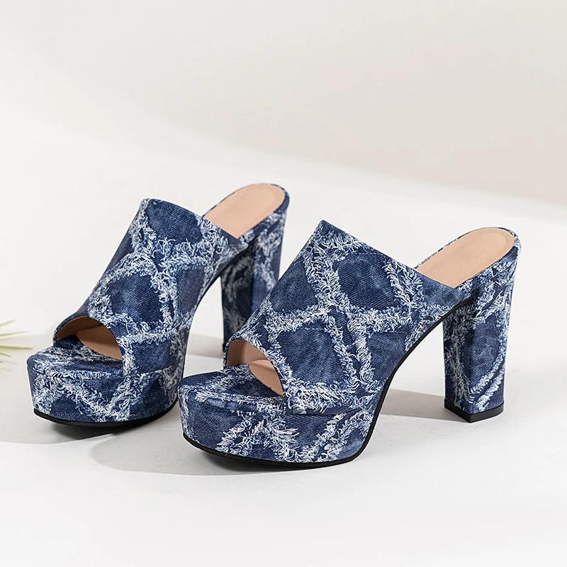 Super High Heels Women Slippers Classic Canvas Denim Slipper Summer Open Toe High Heeled Sandals Chaussons Femme Sandalias Tacón