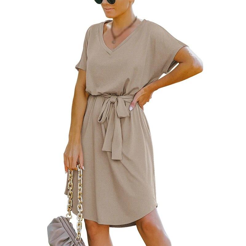 Mini abito da donna a vita alta manica corta abito fluido di base vestibilità ampia scollo a V tinta unita abito da festa con cintura