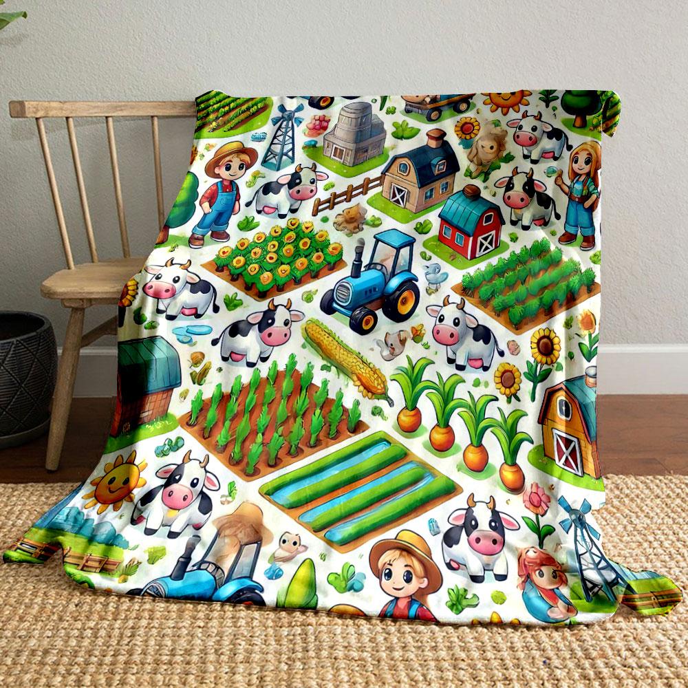 Adorable Farm Themed Blanket with Cows Tractors and Crops Blanket for Livingroom Couch Lunch Break Soft Throw for Friend's Festival Gift