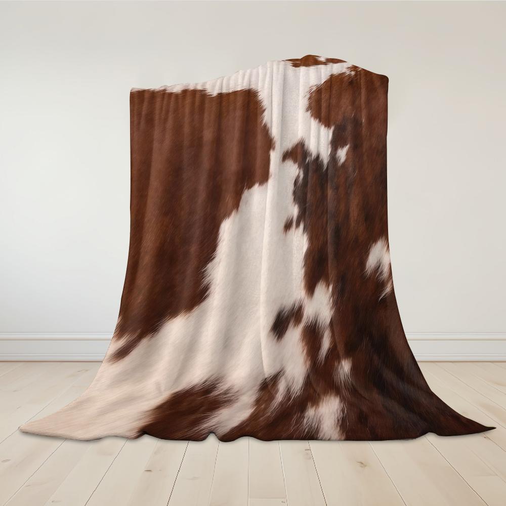 Brown & White Cowhide Flannel Blanket Warm Soft Halloween Christmas Couch Warm Cozy Decorative Decor Gift for All Season