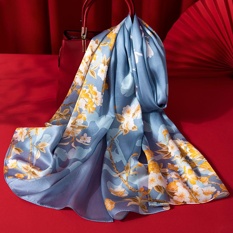 Women Silk Scarf Long Head Scarves Luxury 100% Silk Shawls Wraps Floral Summer Hair Scarf Print Neckscarf Pure Real Silk Scarves