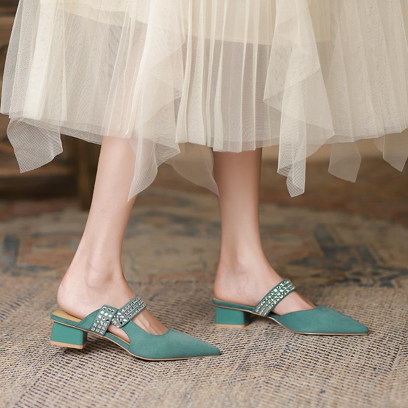 Versiunea coreeană a sandalelor cu toc joasă și vârf ascuțit Curea pentru femei cu paiete, cu un singur cuvânt, cu toc gros, pantofi pentru femei single, Baotou Spate, pantofi pentru femei goale