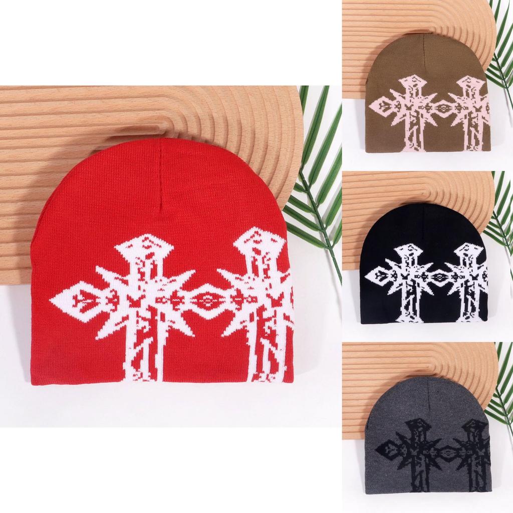 Gothic Cross Pattern Acrylic Knit Hat With Warmth For Street Fashion In Winter