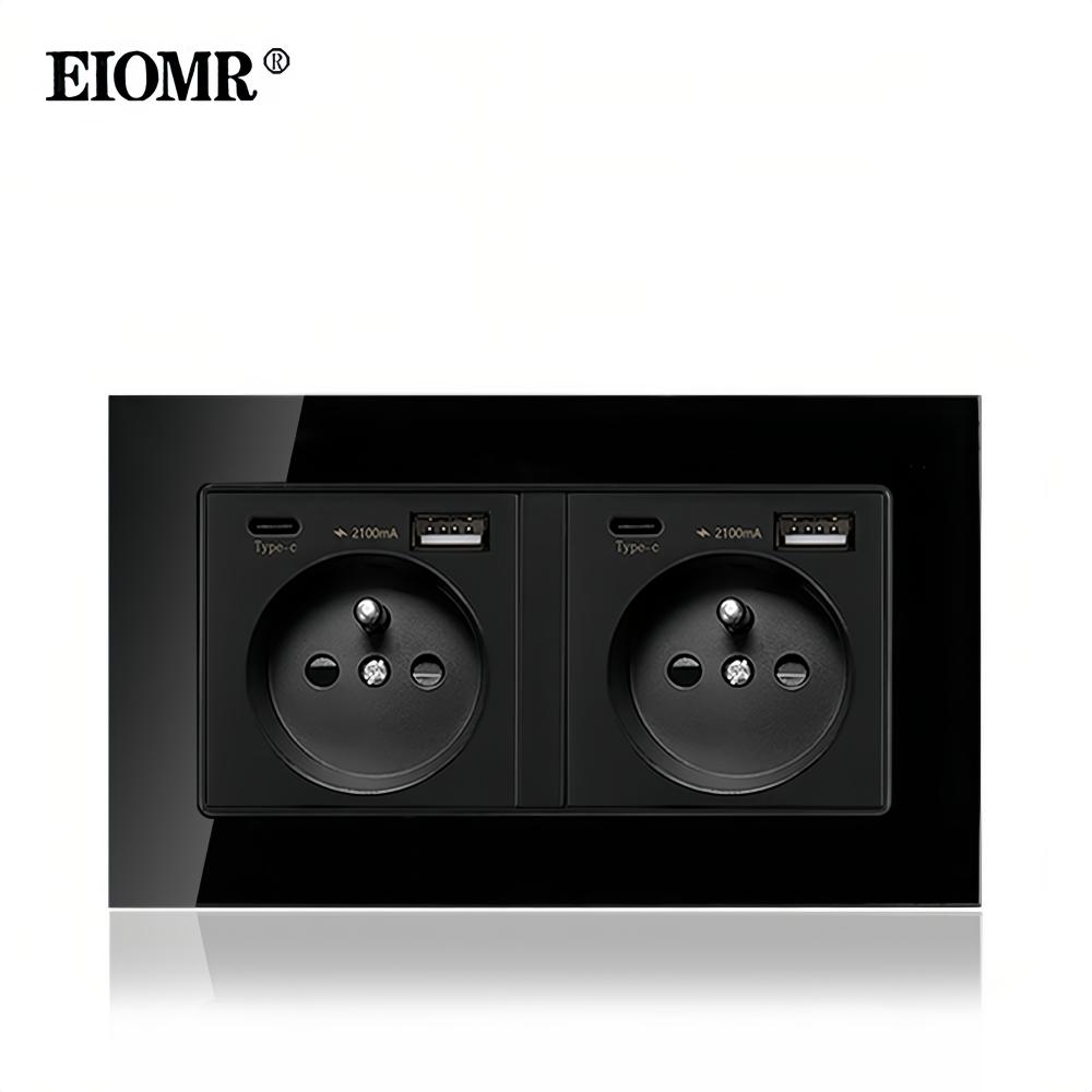 EIOMR France Standard Power Socket, Single Double AC 100~250V 16A White Black Wall Type-C Usb Plugs Outlet for Home Office