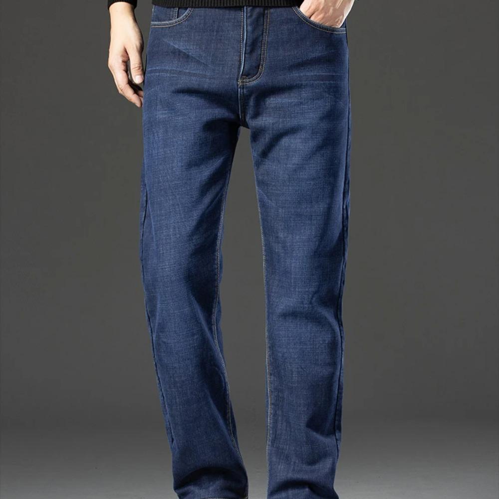 Winter Fleece Thick Jeans Men Business Casual Straight Trousers Male Classic Blue Black Jeans For Men Work Denim Man Pants