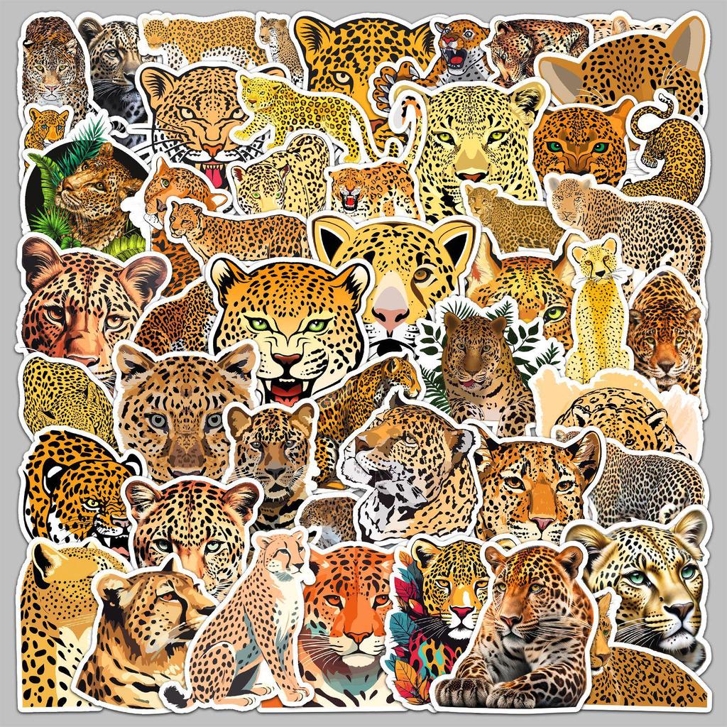 50pcs Waterproof Leopard & Tiger Cartoon Stickers for Journals & Computers