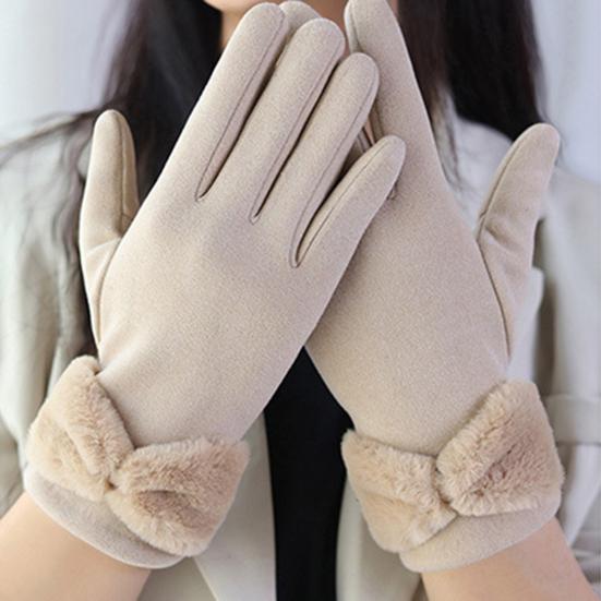 1 Pair Bowknot Decor Thickened Solid Color Women Gloves Autumn Winter Double-sided Fleece Touch Screen Driving Gloves
