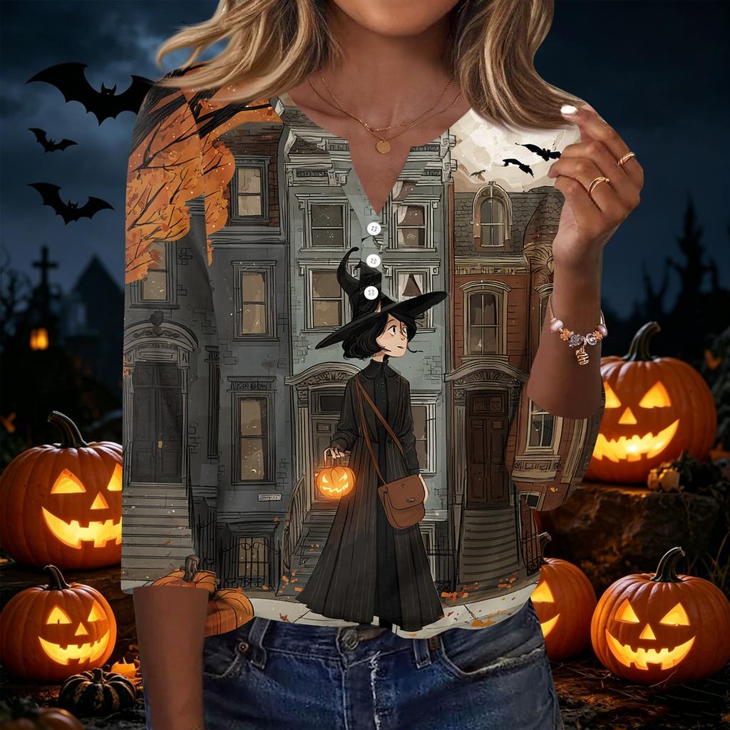 Women's Casual Halloween Print V Neck Button Front Three Quarter Sleeve T Shirt Top Lightweight Soft Fabric Comfortable Fit