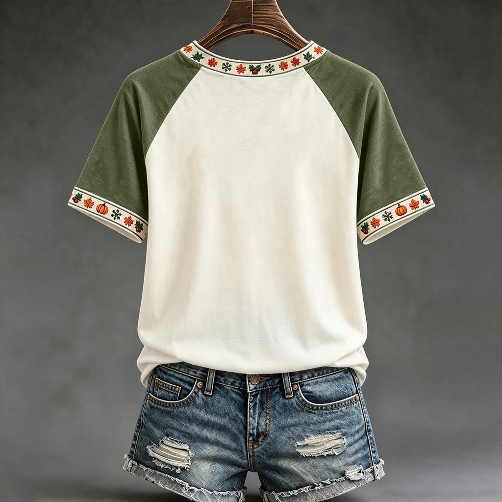 Women's Casual V-Neck Raglan Short Sleeve Color Print Top for Everyday Wear