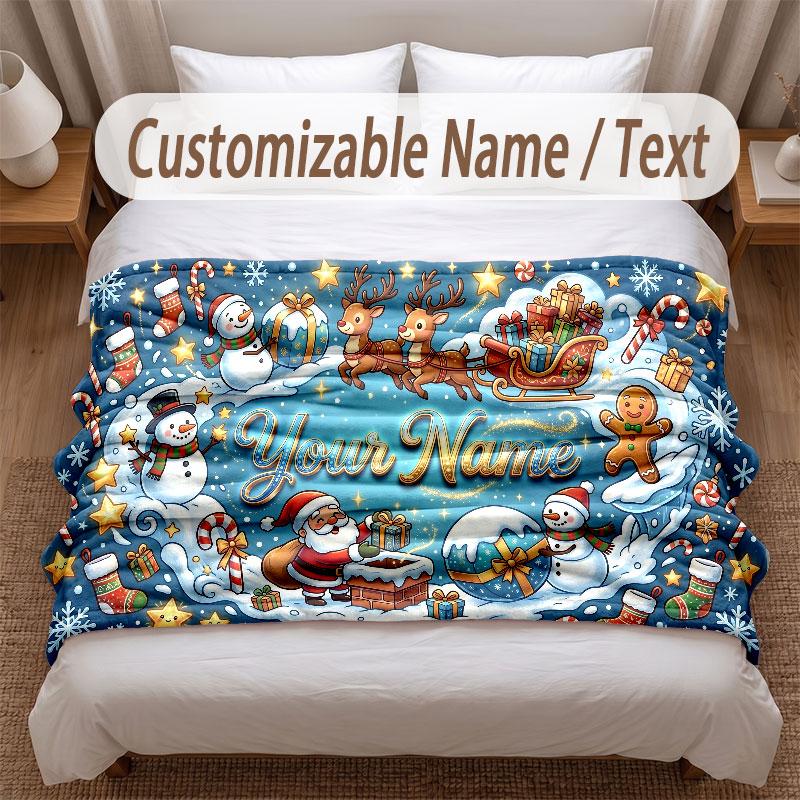 Christmas Theme Soft Blanket Personalized Custom Name Text Print Warm Blanket Home Sofa Bedroom Decor