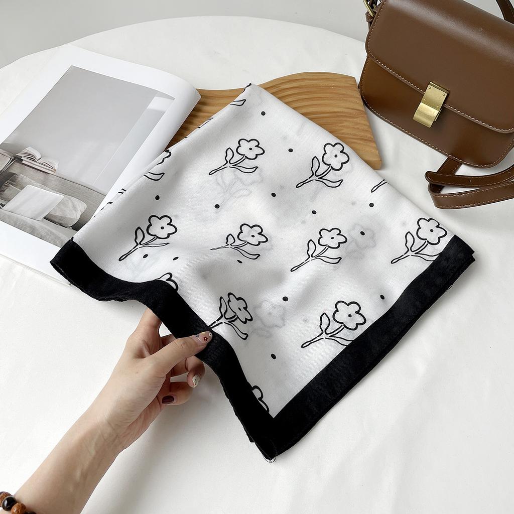 Old money style printed silk scarf retro brown scarf neck square scarf fashionable versatile herringbone pattern cotton and linen silk scarf