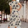 QICED Spring Summer Floral Print High Waist Short Sleeve V-neck Print Flysleeve Dress
