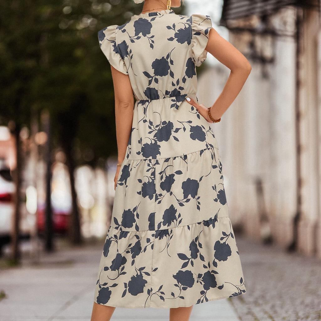 QICED Spring Summer Floral Print High Waist Short Sleeve V-neck Print Flysleeve Dress