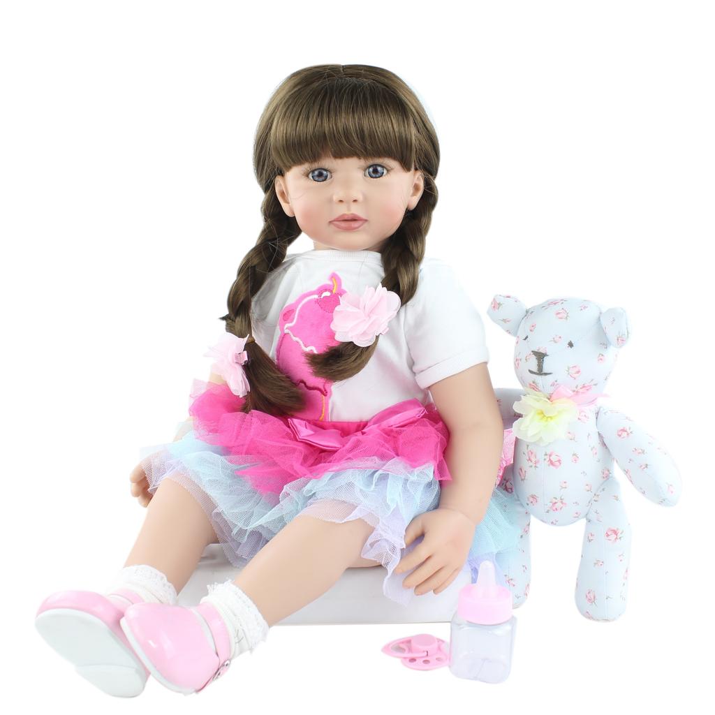 BZDOLL 60cm Silicone Reborn Baby Doll Toy For Girl 24 Inch Long Hair Princess Toddler With Bear Dress Up Play House Bebe Birthday Gift