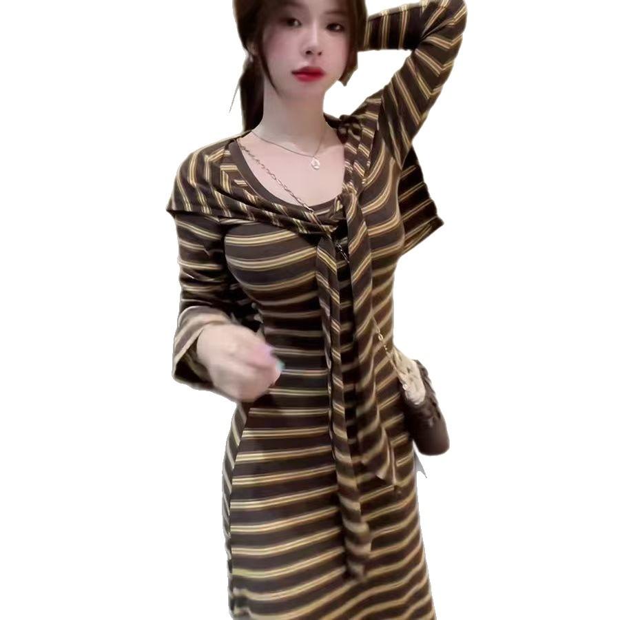 Autumn new Korean version temperament slim and thin striped long-sleeved dress women's hip T-shirt long dress foreign style