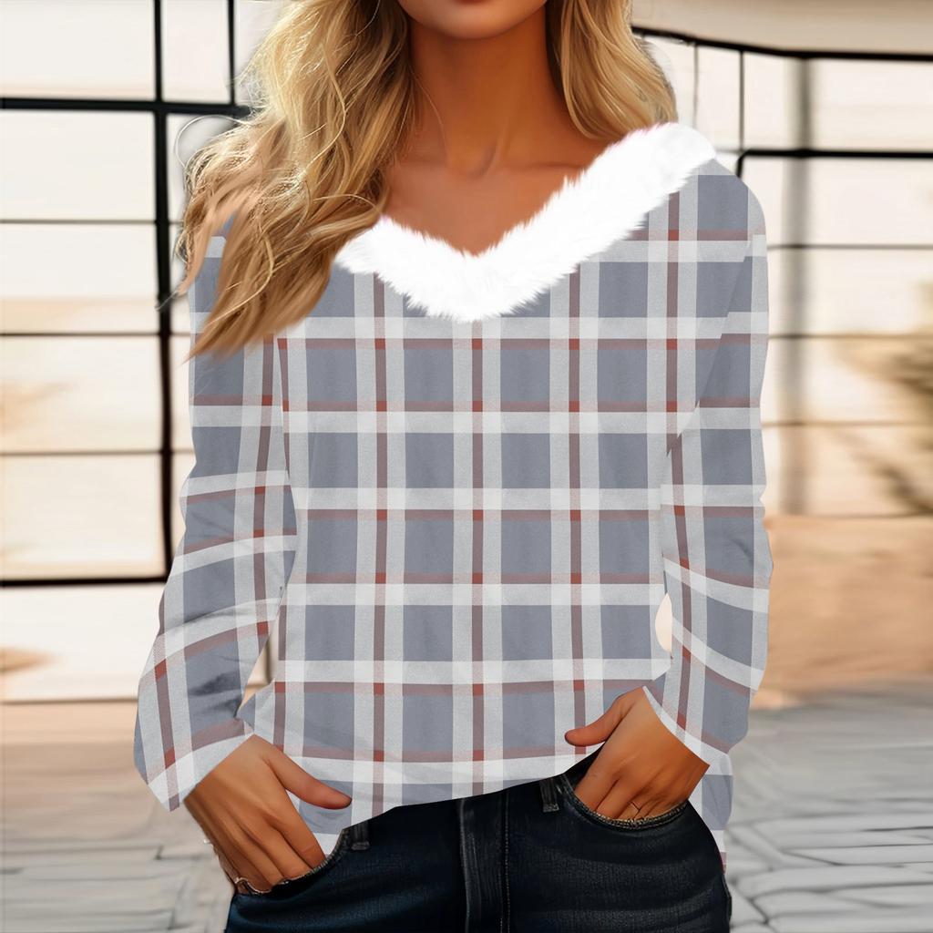 Women's Fashion Long Sleeve Plaid Print Fleece Collar V-Neck Top