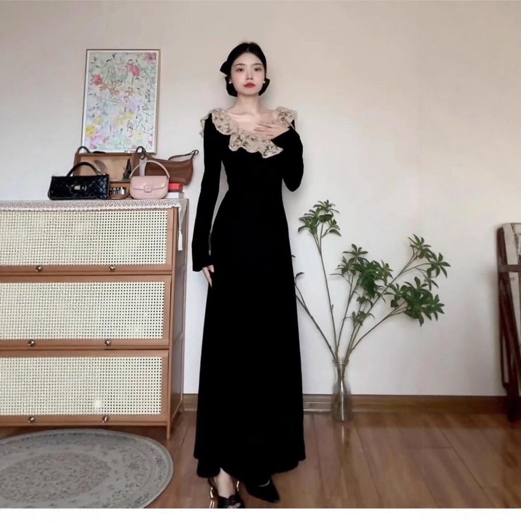 Chic French Hepburn Black Long-Sleeve Slim Dress for Women, Ideal for Autumn/Winter, Perfect As a Base Layer or with Coats
