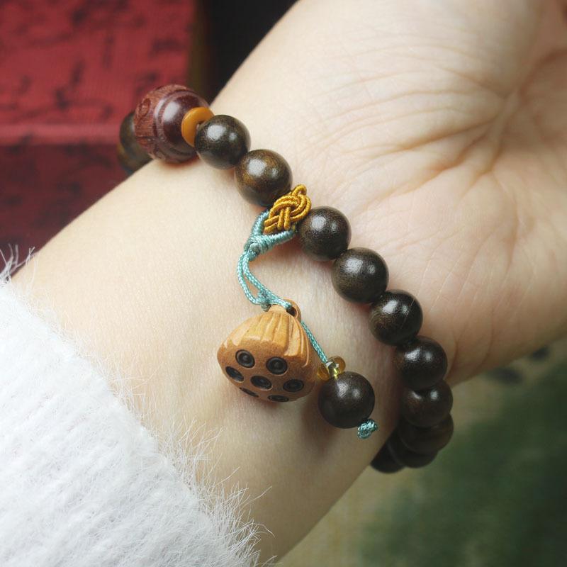 8mm Natural Wood Bead Bracelet Lotus Pendant Men Women Jewelry