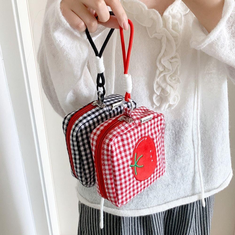 Tomato Plaid Small Makeup Bag Square Mini Organizer Bag  CCD Camera Sanitary Napkin Lipstick