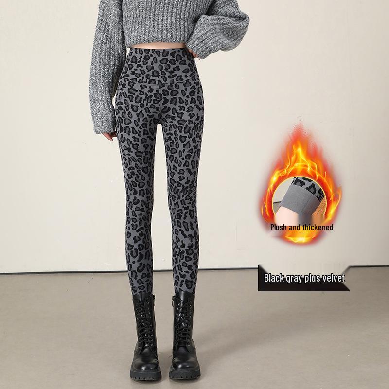 Leggings med hög midja och leopardmönster: Dambyxor för höst/vinter, smalnar av, kontrollerar magen, lyfter rumpan, med plus sammet, för yoga.