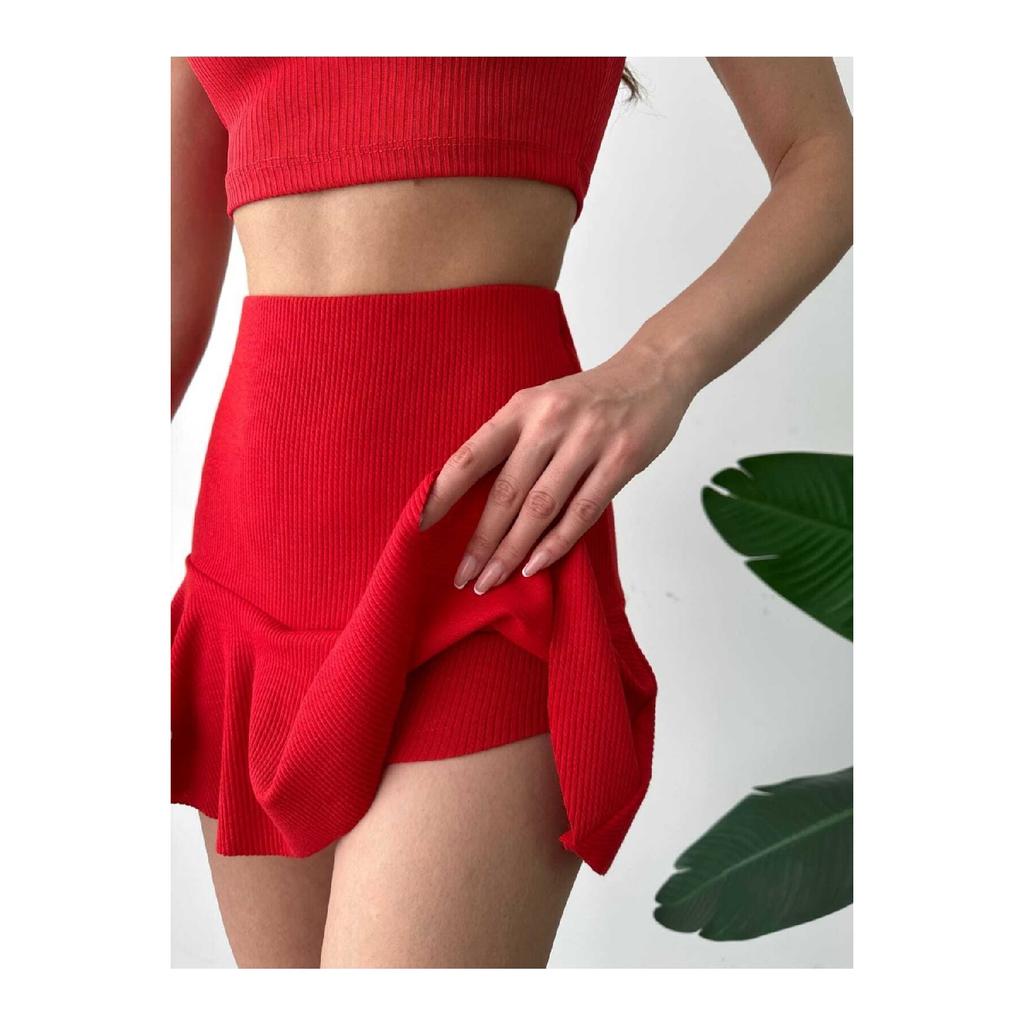 Žebrovaná krátká sukně s volánem