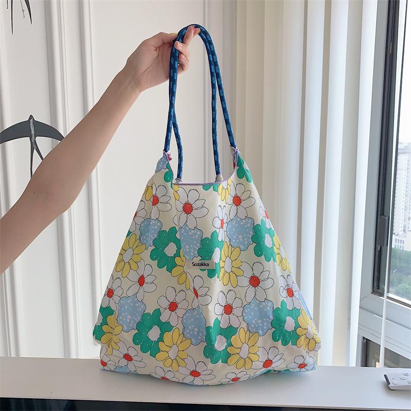 Hanfeng Summer Largecapacity Hand Carry Shoulder Bag Drawstring Shopping Bag Fresh Floral Tote Bag Underarm Bag