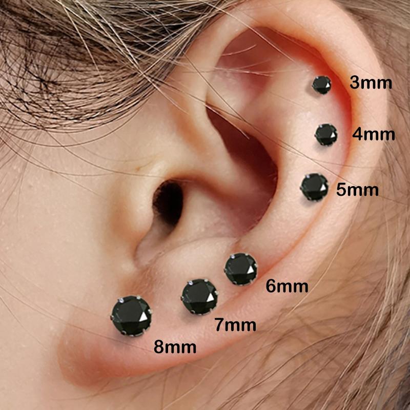 Black Crystal Stud Earrings for Men Classic Four Six Claws Women Cartilage Studs 3mm 8mm Zircon Piercing Ear Jewelry