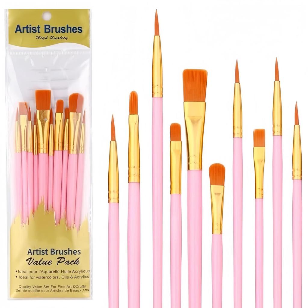 Children's Paintbrush Set: 10-Piece Long Handle Nylon Brushes for Oil, Acrylic, and Watercolor Painting.