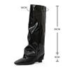 Fashion Pointed Toe High Heels Women Knee High Boots Brand Designer Soft Patent Leather Side Zip Wedges Winter Fashion 2025