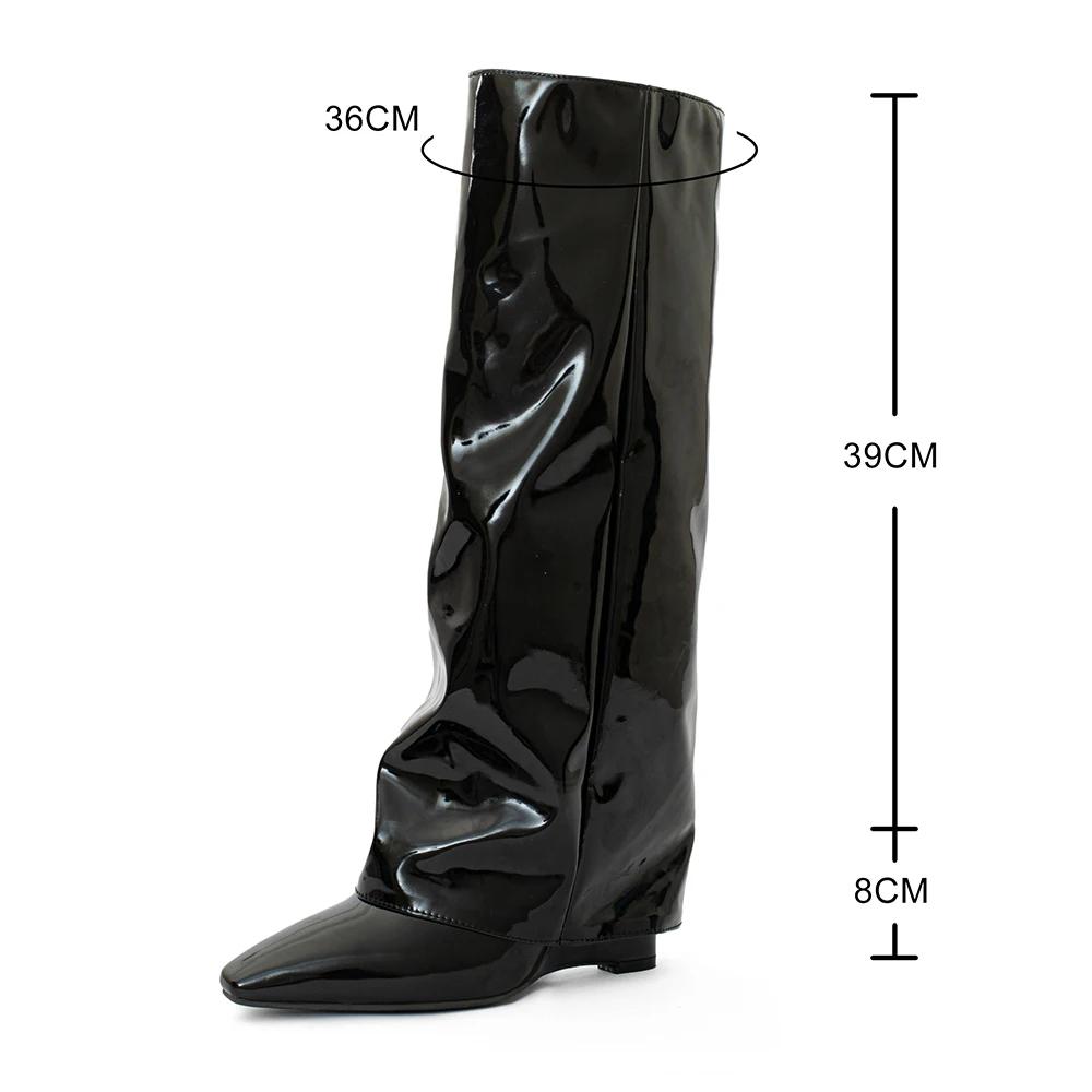 Fashion Pointed Toe High Heels Women Knee High Boots Brand Designer Soft Patent Leather Side Zip Wedges Winter Fashion 2025