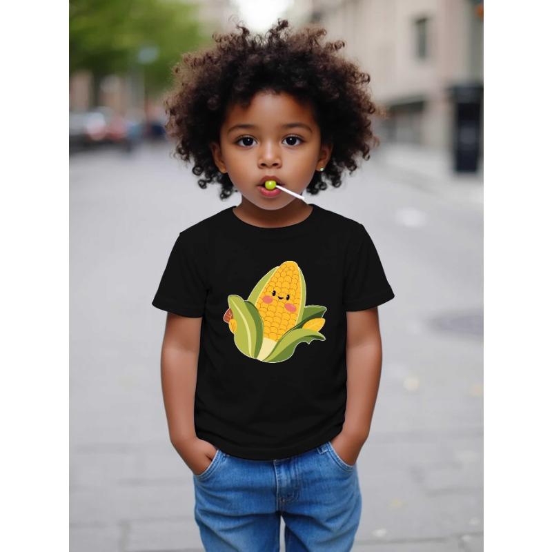 European Size Boys Round-neck Short-sleeved T-shirt with Cartoon Corn Pattern Print 98cm