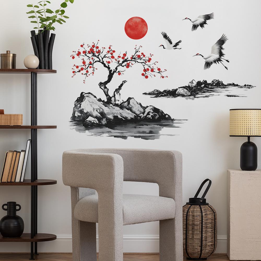 2 Pcs Chinese Style Plum Blossom Sunset Bedroom Living Room Home Background Beautification Decoration Wall Stickers