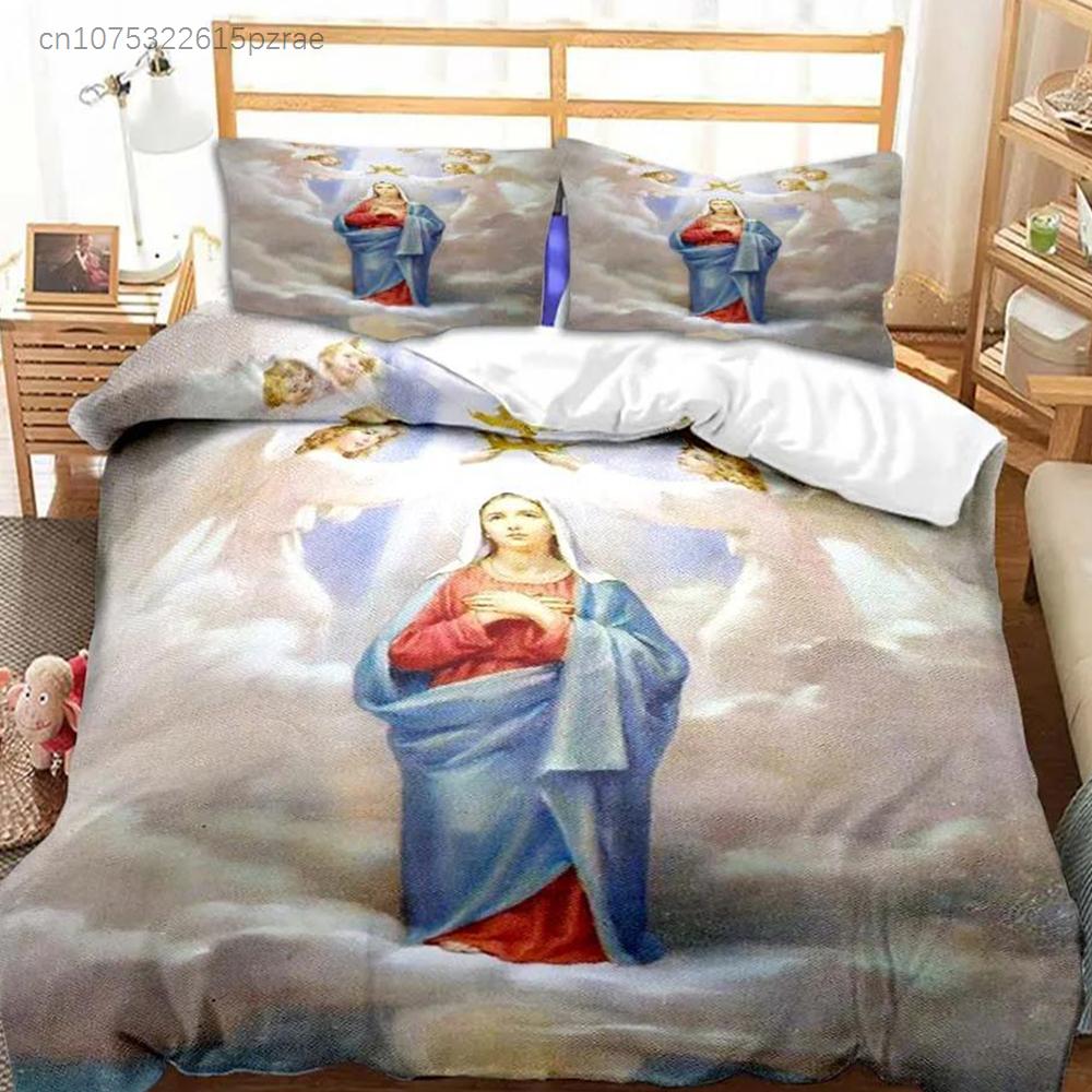 Tema Gesù Vergine Maria Set Biancheria da Letto per Bambini Camera da Letto Copripiumino Set per Letto per Bambini Poliestere Set Copripiumino con Federa