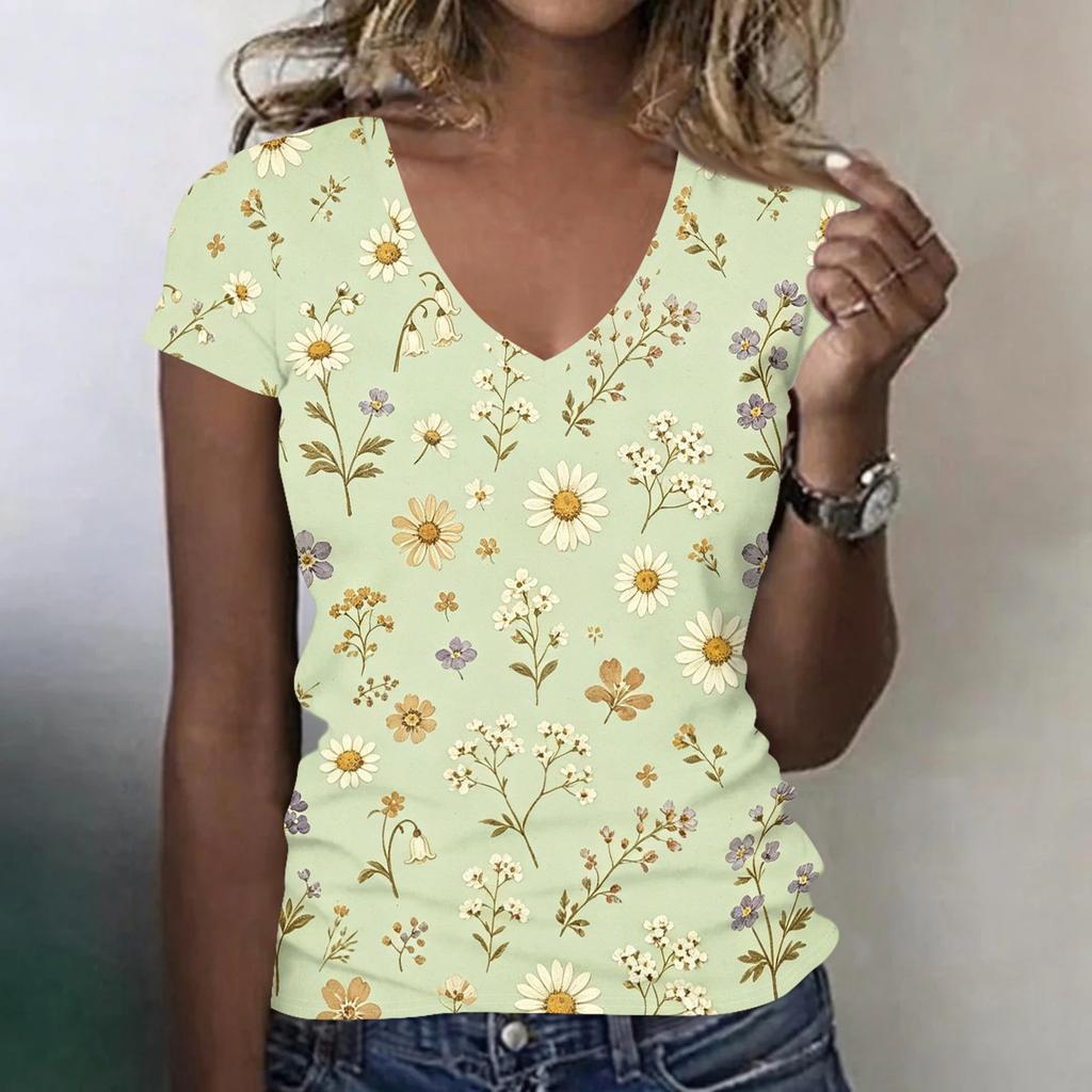 Women Casual V Neck Short Sleeve Floral Print T Shirt Lightweight Soft Fabric Summer Top Comfortable Fit