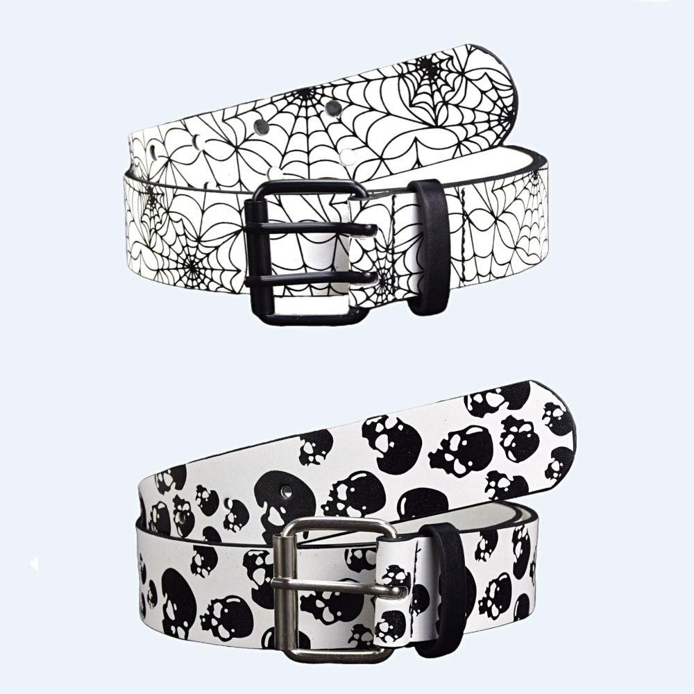 Rhinestone Skull Print Belt Pu Leather Halloween Skeleton Waistband  Belt Accessories