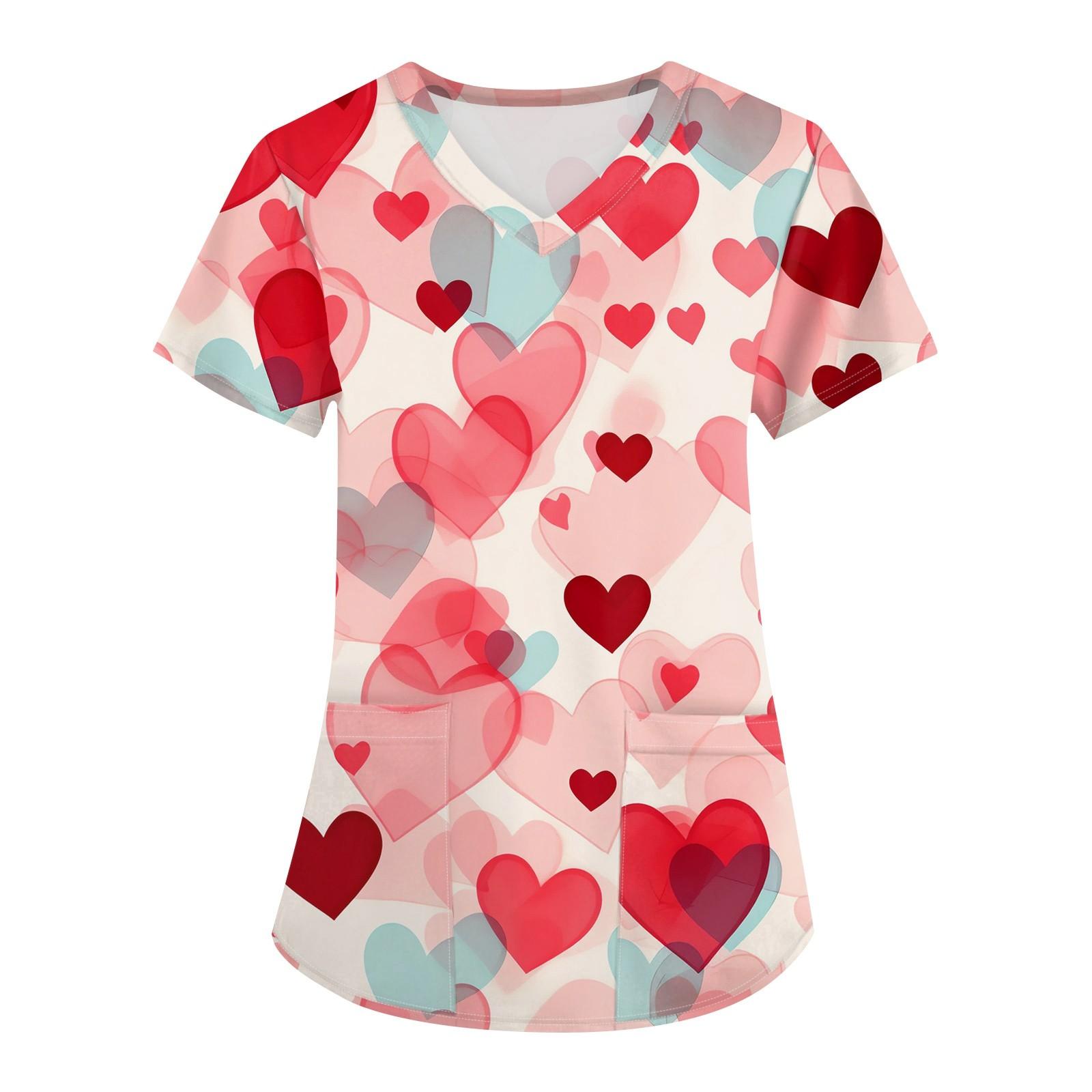 

Женская мода, рабочая одежда с v-образным вырезом, короткими рукавами и карманами, топы с принтом ко Дню святого Валентина XL арбуз красный