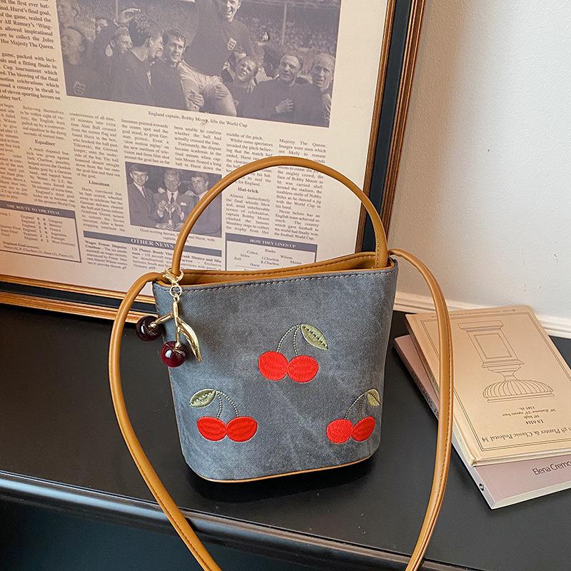 Casual Cherry Embroidery Shoulder Bags for Women Versatile Portable Ladies Crossbody Bag Simple Girls Bucket Handbags Purse
