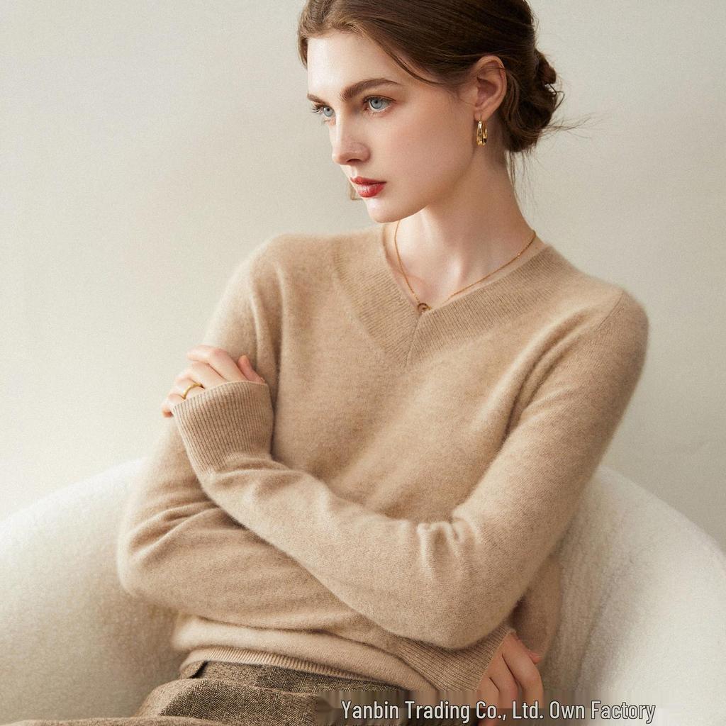 Women's 100% Pure Cashmere V-Neck Loose Knit Sweater - Autumn/Winter Short Pullover