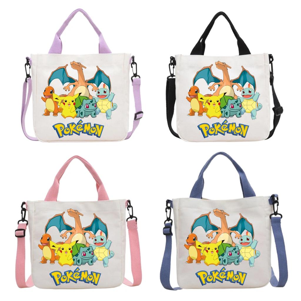 Pokemon Canvas Crossbody Bag Pikachu Cartoon Pattern Print Handbag Fashion Portable Large Capacity Travel Shopping Storage Kid Friendly Entertaining