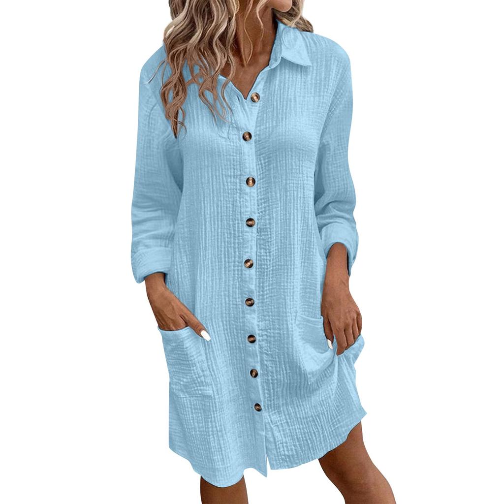 New Women's Fashion Casual Color Buttoned Mid-Length Long Sleeve Loose Dress
