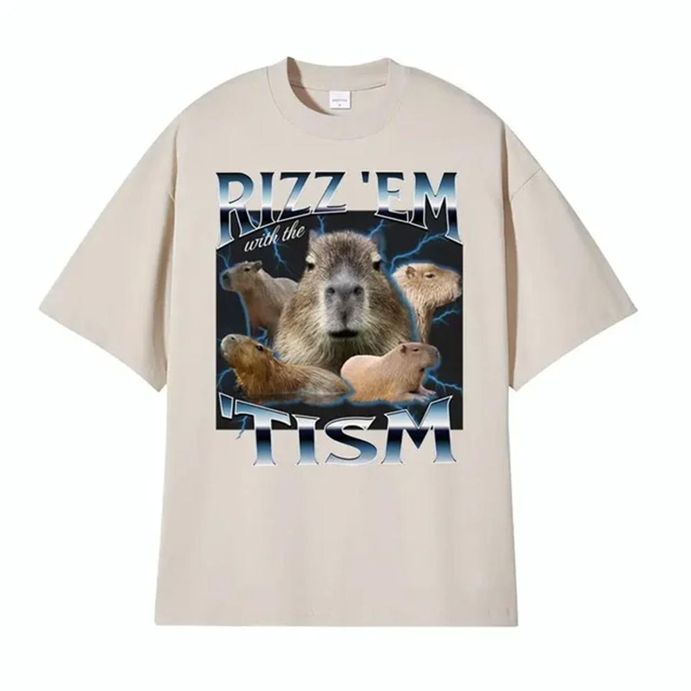 Rizz Em with The Tism Retro T Shirt Funny Cute Kawaii Capybara Meme T-shirt Men's Women Casual Fashion Humor Short Sleeve 82904