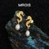 18K Gold Freshwater Pearl Seahorse Earrings - Ocean Series Niche Design