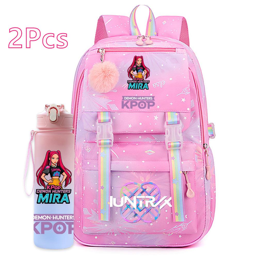 2Pcs/set Cartoon Kpop Printed Backpack with 750Ml Water Bottler for Teenager Girl Boy Bookbag Kid Gift Large Capacity Travel Bag Mochila
