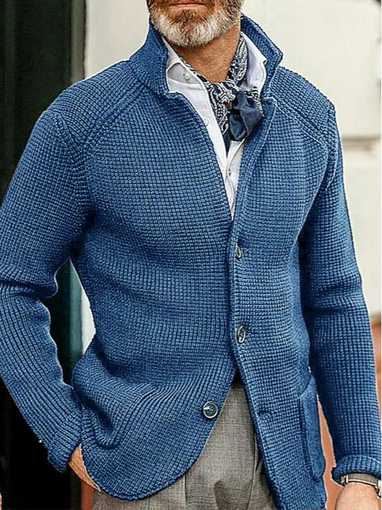 Men's Casual Long Sleeve Solid Color Knitted Cardigan - European & American Fashion