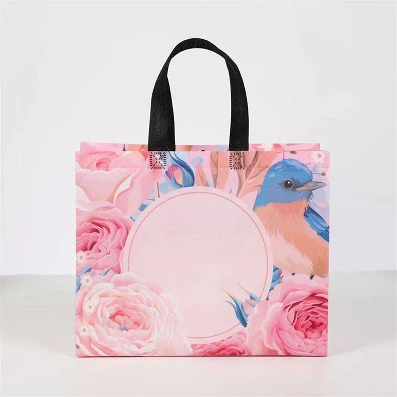 10PCS Rose Printing Packaging Shopping Bag Handle Waterproof Non Woven Fabric Gift Bags Black Clothing Store HandBag